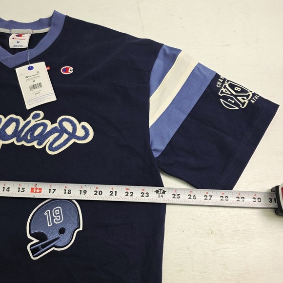 Champion Knitwear Men's V-Neck Retro Varsity Patch Jersey Shirt Navy Sz M NWT - Picture 13 of 14